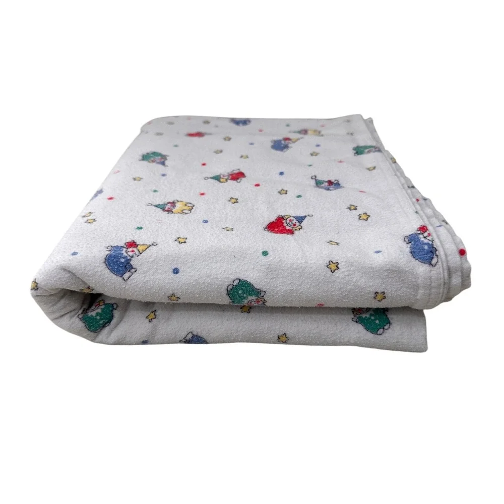 Vintage Baby Receiving Blanket‎ Circus Clown Stars White Flannel Lovey 36x41 Toy